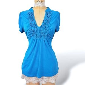 Coquette Womens S Blue Ruffle V Neck Top Fitted Stretch Babydoll Soft Girl Y2K